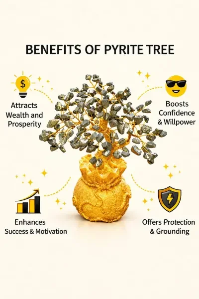 Informational graphic featuring a Natural Pyrite Tree with traditional crystal beliefs associated with wealth, prosperity, confidence, motivation, protection an