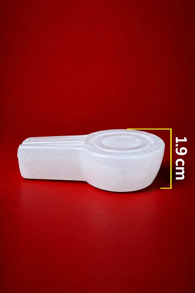 Natural Sphatik Flat Vedi displayed separately, highlighting its smooth translucent finish and 1.9 cm / 19 mm height.