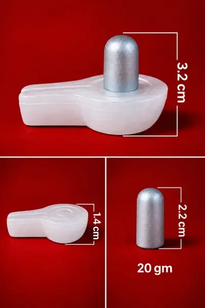Detailed size reference showing the complete Parad Shivling with Sphatik Vedi, including 3.2 cm assembled height, 2.2 cm Lingam height and 1.4 cm Vedi height.