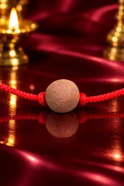 Close-up of the brown NavaPashanam Gutika bead with red thread and a rich red reflective backdrop.