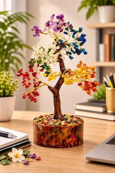 Lifestyle display of a 7 Chakra Gemstone Tree with natural gemstone chips, beautifully placed on a wooden desk for home, office and meditation decor.
