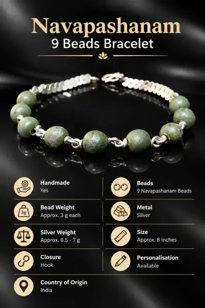 Handmade Navapashanam Bracelet featuring 9 beads, silver metal detailing, hook closure and an elegant design for spiritual wear.