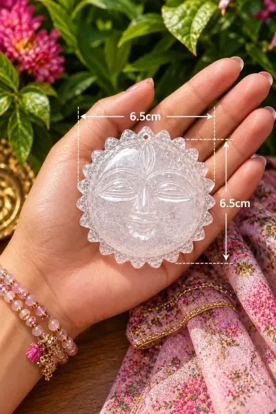 Natural Sphatik Surya Dev idol held in hand, showing its compact 6.5 cm size, detailed carving and crystal appearance.