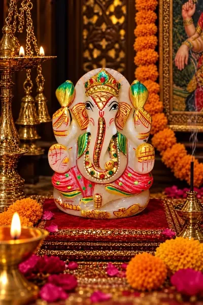 Sphatik Ganesh Ji displayed in a traditional puja setup with diyas and flowers.