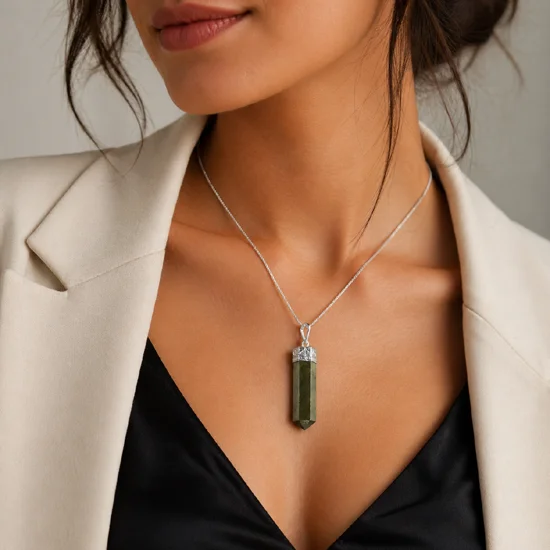 Natural Pyrite gemstone pendant necklace wearing by a women close-up image