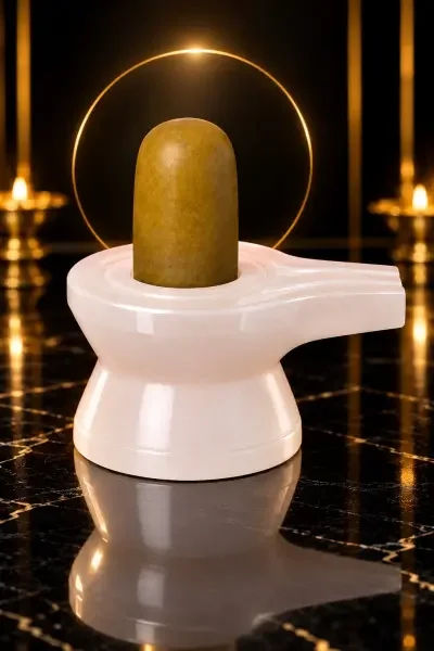 NavaPashanam Shivling 20gm with Damru Vedi, displayed on a glossy black surface with golden lighting.