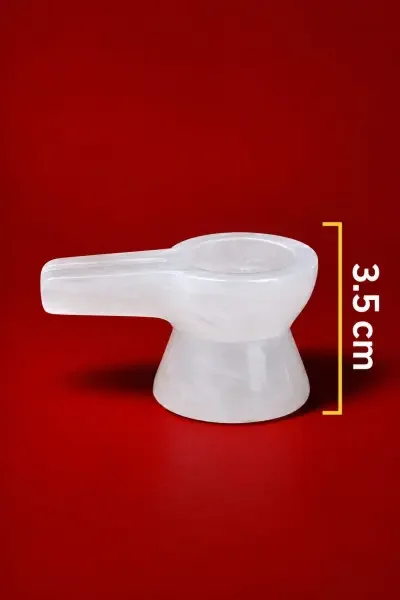 Natural Sphatik Damru Vedi shown separately, highlighting its translucent finish and 3.5 cm / 35 mm height.