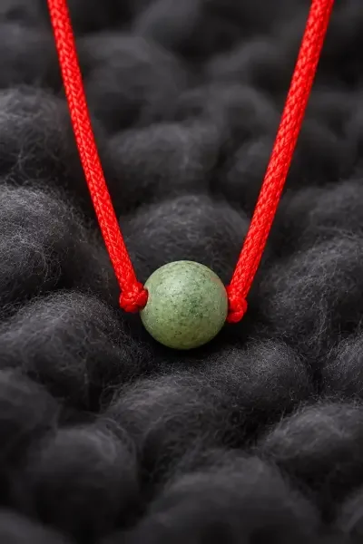 Navaratna Gutika 20 Gram featuring a green spherical bead tied with a vibrant red thread, beautifully presented against a soft black textured background.