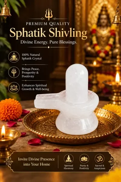 Sphatik Shivling presented in a traditional puja setup with flowers and a brass thali, highlighting its devotional use.