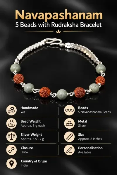 Handmade Navapashanam Bracelet with 5 sacred beads, Rudraksha beads, silver metal detailing and a hook closure