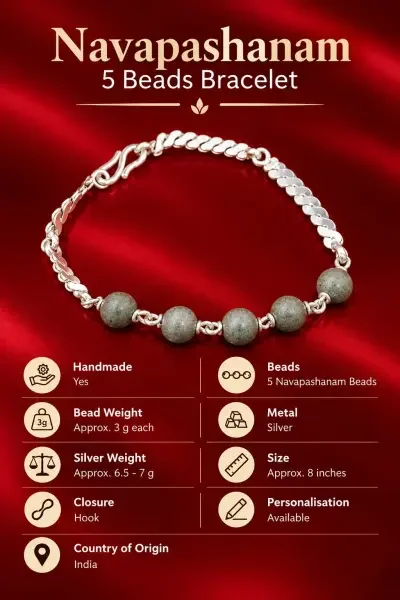 Handmade Navapashanam Bracelet featuring five 3gram beads, silver metal detailing, hook closure and an elegant traditional design.