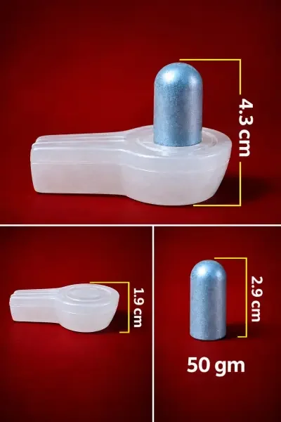 Parad Shivling with Flat Sphatik Vedi shown with individual measurements, highlighting the 4.3 cm assembled height, 1.9 cm Vedi height and 2.9 cm Lingam height.