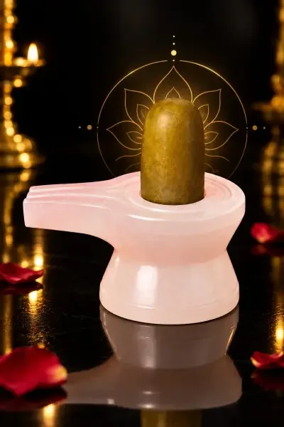 Taditional NavaPashanam Shivling with Damru Vedi, styled with golden spiritual accents for an elegant presentation.