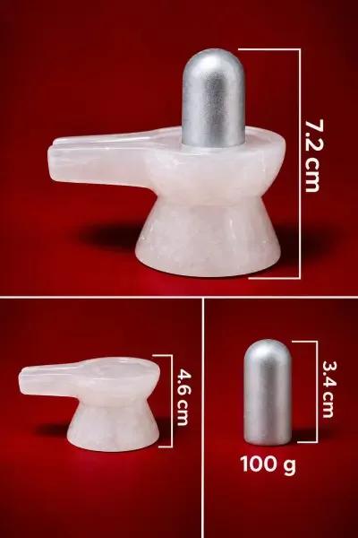 Complete Parad Shivling set with detailed measurements, showing 7.7 cm assembled height, 4.6 cm Vedi height and 3.4 cm Lingam height.