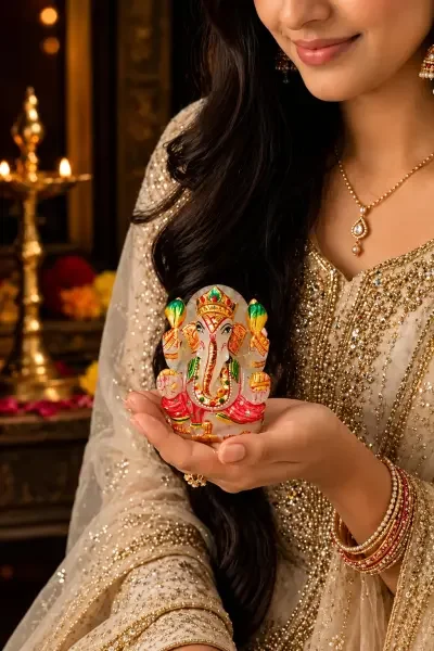 Coloured Sphatik Ganesh Ji held in hand, highlighting its crystal finish and compact size.