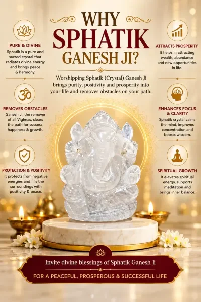White Sphatik Ganesh Ji shown with traditional spiritual benefits, highlighting its use for puja, positivity, prosperity and meditation.