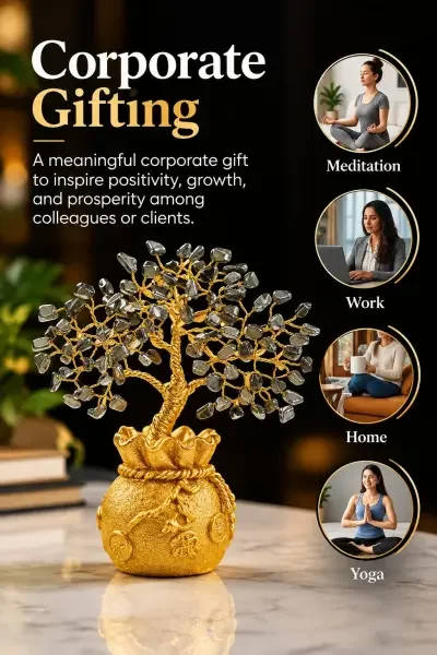 Lifestyle image of a Pyrite gemstone tree displayed on a tabletop, highlighting its golden branches and natural Pyrite chips. Suitable for office, home, meditat