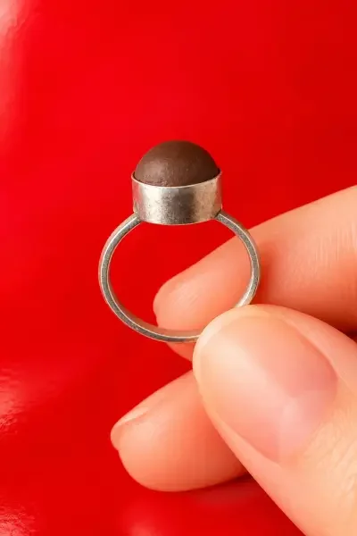 Close-up of a Navapashanam Ring with a smooth brown bead and silver band, showcasing its handcrafted design.