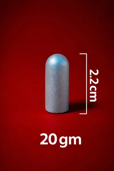 Close-up of the 20 Gram Astha Sanskarit Parad Shivling, highlighting its rounded cylindrical form, metallic appearance and 2.2 cm / 22 mm height.