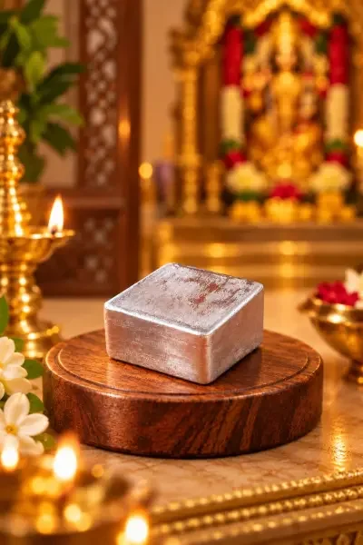Parad Block 21 Gram displayed in a traditional worship setting, suitable for spiritual and devotional use.