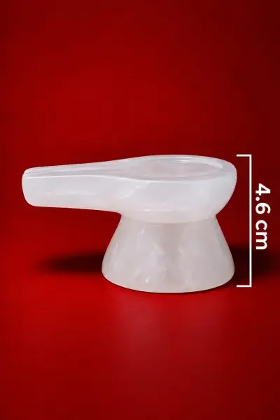 Natural Sphatik Damru Vedi displayed separately, highlighting its translucent finish and 4.6 cm / 46 mm height.