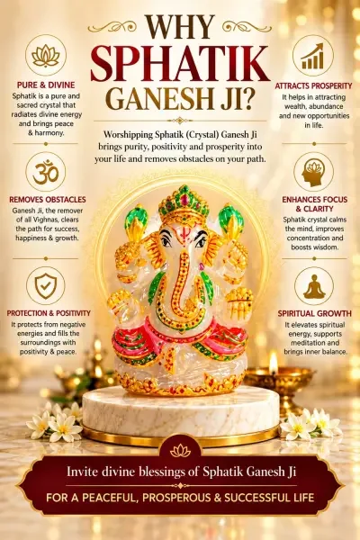 Sphatik Ganesh Ji displayed with diya, flowers and warm devotional lighting.