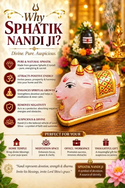 Coloured Sphatik Nandi Ji shown in a devotional setup with Shiva Lingam, diya, flowers and warm spiritual décor.