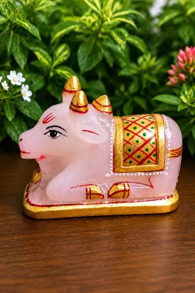 Coloured Sphatik Nandi Ji displayed from another angle, highlighting its detailed craftsmanship, crystal texture and decorative finish.