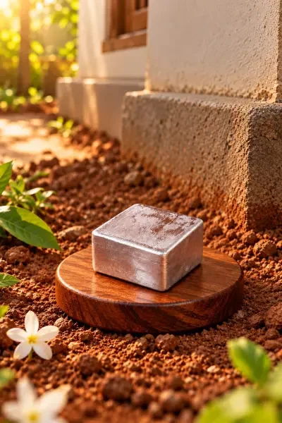 Pure Parad Block placed outdoors on a wooden pedestal, representing traditional Vastu and grounding practices.