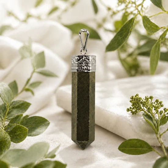 Natural Pyrite pencil point pendant displayed in nature background