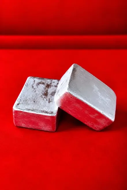 Pure Parad Block 21 Gram displayed on a red background, highlighting its rectangular form and metallic silver finish.