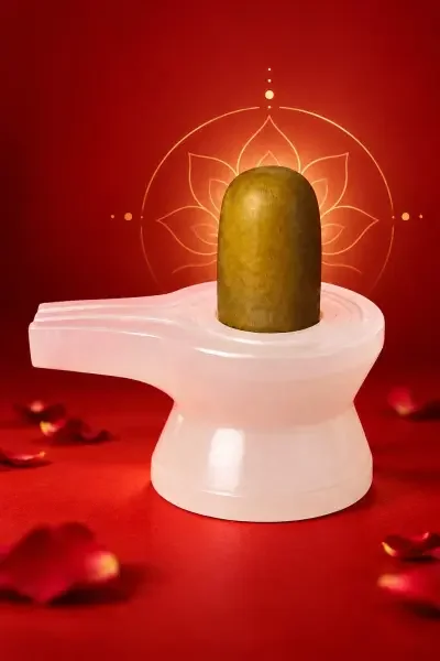 * NavaPashanam Shivling with a Damru Vedi, styled with a traditional red spiritual backdrop.