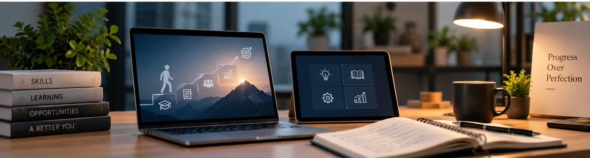 Professional interview preparation workspace with a laptop, notes, question checklist and career materials, representing technical practice, behavioral preparation and real-world interview scenarios.