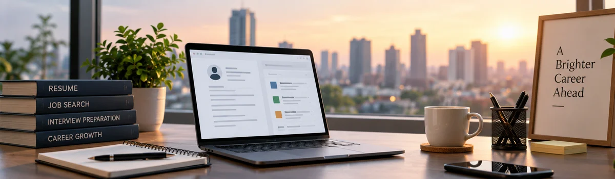 Modern learning workspace with a laptop, digital marketing notes, career documents, checklists and practical learning materials, representing a hub of educational and career resources.