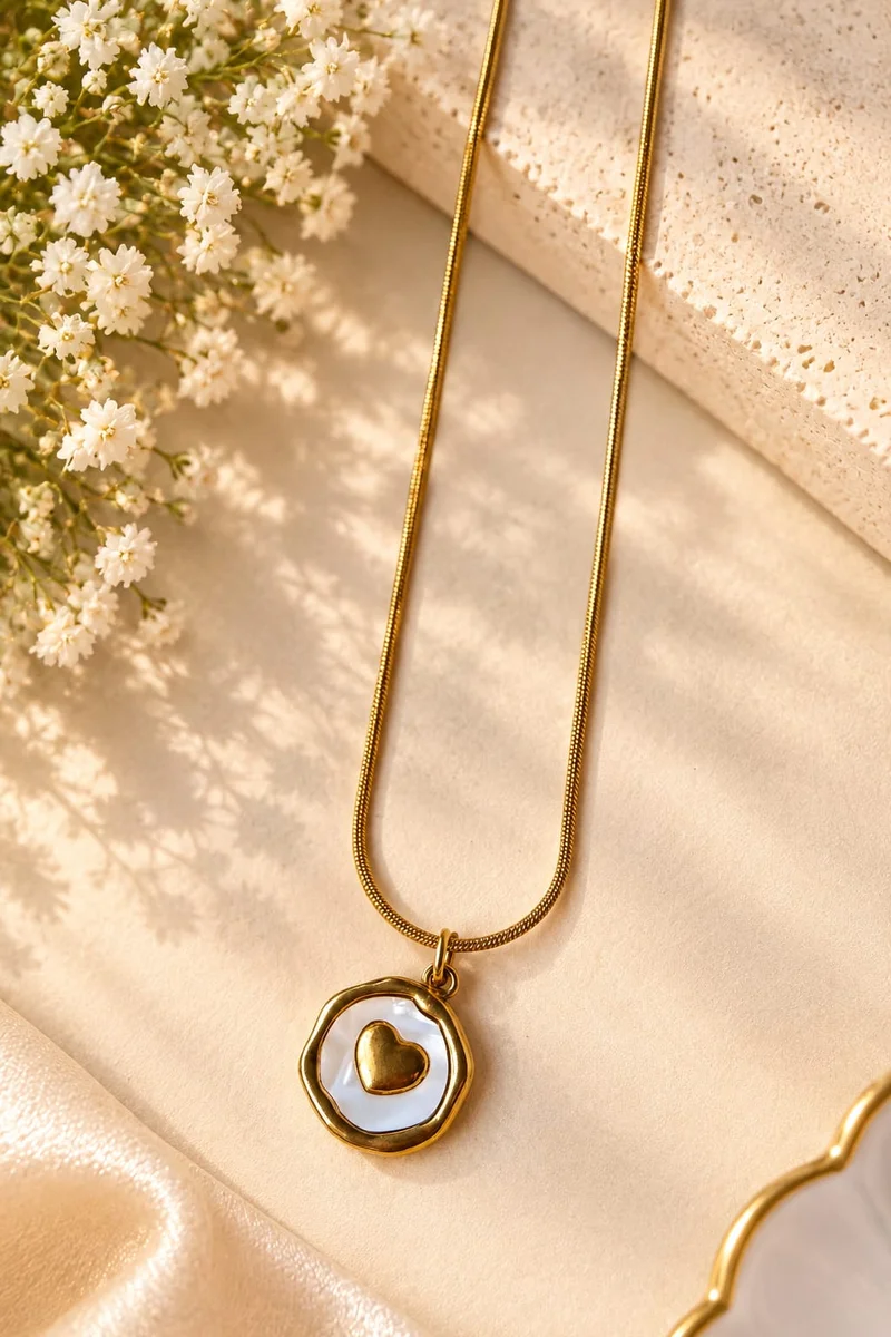 Gold Heart in White pendant - Anti Tarnish