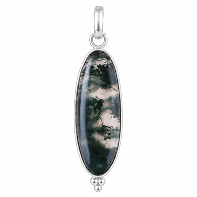 Classic Bezel Frame Rawa Work Around Moss Agate Oval Shape 925 Sterling Solid Silver Pendant