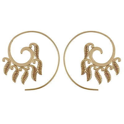 Alluring Textured Leaves Hanging Plain Solid Brass Hoop Earrings