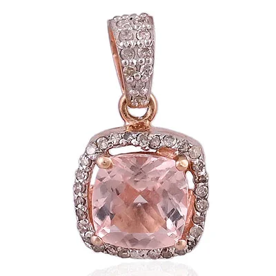 Natural Morganite Marvellous Diamond Studded Around Cushion Shape 925 Sterling Solid Silver Pendant