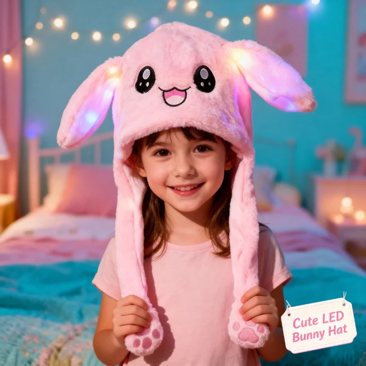 Unisex Plush Rabbit Hat with Moving Ears and LED Light