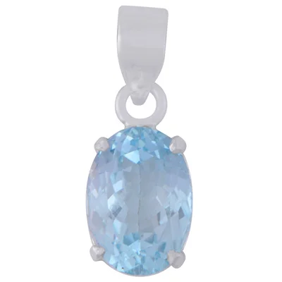 Four Prongs Seated Blue Topaz Oval Shape Solid Silver Pendant