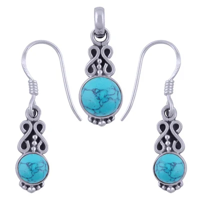 Turquoise Round Shape 925 Sterling Solid Silver Pendant Set