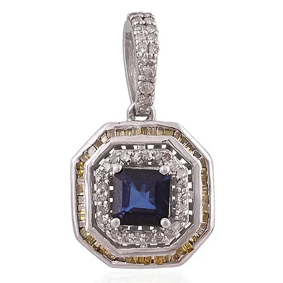 Natural Blue Sapphire Stunning Baguette Diamond & Gemstone Around Octagon Shape 925 Sterling Solid Silver Pendant
