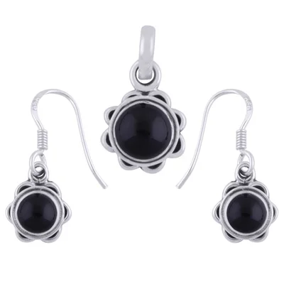 Black Onyx Round Shape 925 Sterling Solid Silver Pendant And Earrings Set