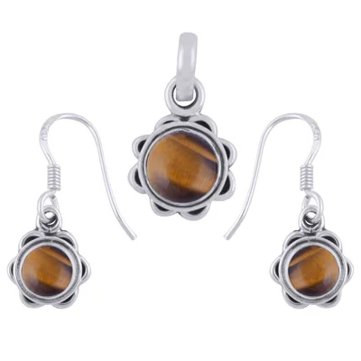 Tiger's Eye Round Shape 925 Sterling Solid Silver Pendant And Earrings Set