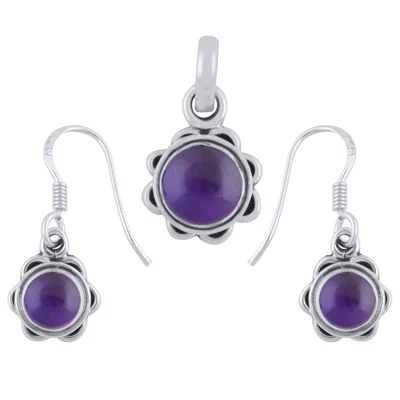 Amethyst Round Shape 925 Sterling Solid Silver Pendant Set
