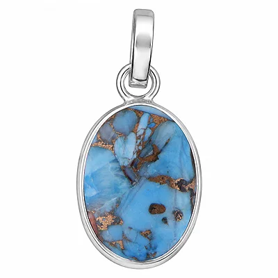 Peacock Dahlia Copper Turquoise Oval Shape Solid Silver Pendant