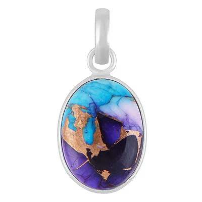 Peacock Dahlia Copper Turquoise Oval Shape Solid Silver Pendant