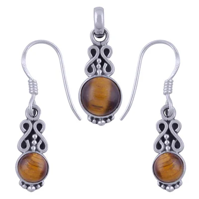 Gorgeous Tiger's Eye Round Shape 925 Sterling Solid Silver Pendant Set