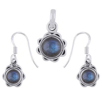 Labradorite Round Shape 925 Sterling Solid Silver Pendant And Earrings Set