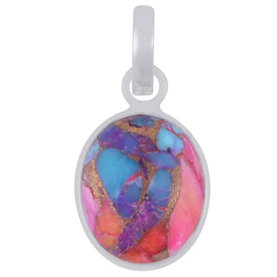 Pink Dahlia Copper Turquoise Oval Shape Solid Silver Pendant